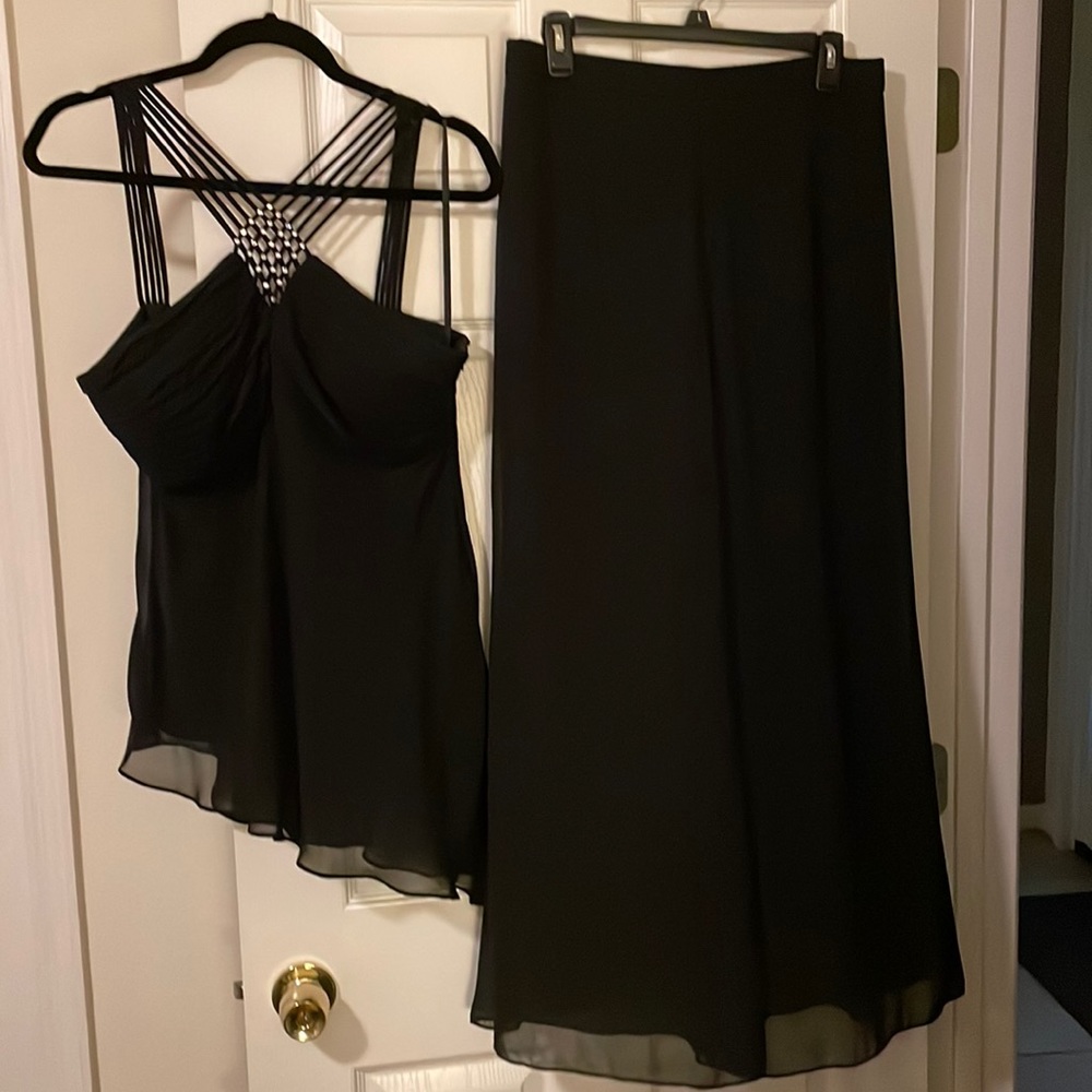 R&M Richards Asymmetrical Cross Sequin Top w/ Matching Wide Leg Pants (2 Piece)